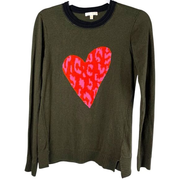 Lisa Todd Women XS ruffle heart green pink leopard crewneck cotton blend sweater - Picture 1 of 7